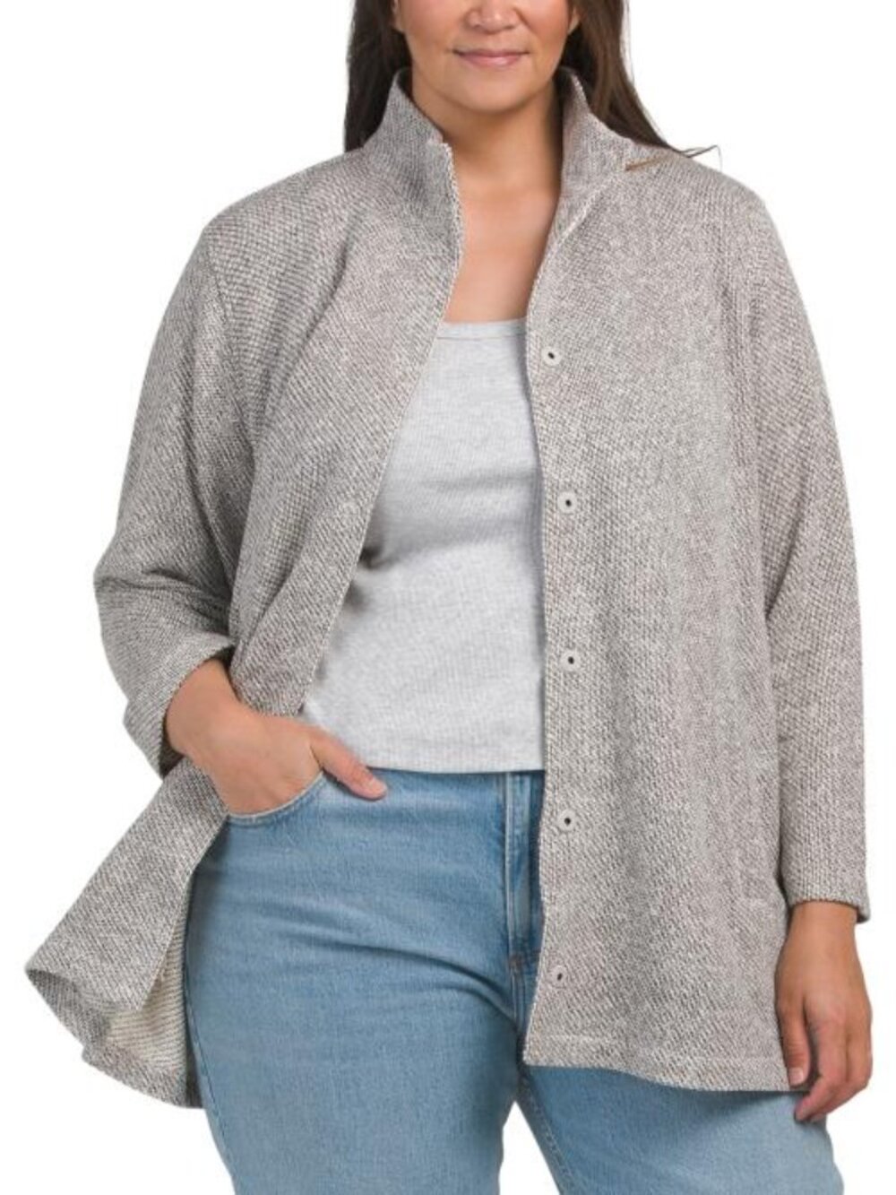 EILEEN FISHER Plus Organic Cotton Twisted Terry Stand Collar Long Jacket
